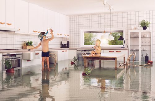 boys and flooding in the room. 3d and photo combination illustration