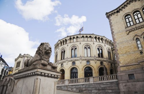 The Lion o in front of the Norwegian Parliament Building. Oslo, Norway.